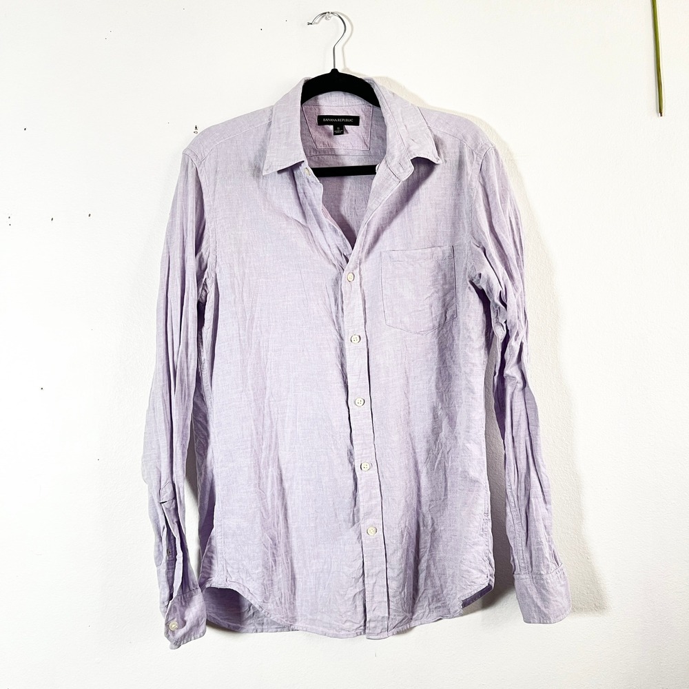 Banana Republic Linen Button Shirt Mens Small Purple Long Sleeve Vacation